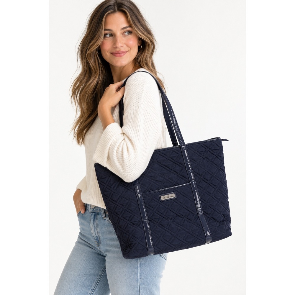 Vera Bradley Navy Blue Quilted Microfiber Tote Bag with Patent Trim NWOT
